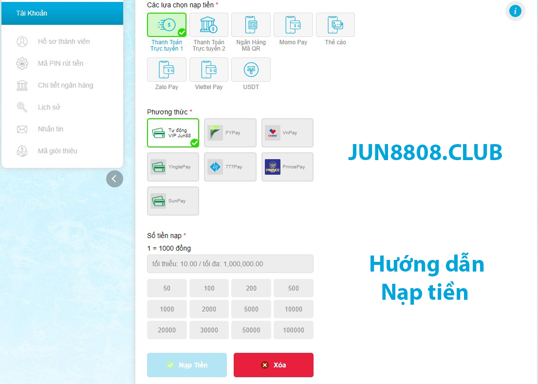 Hướng dẫn nạp tiền jun8808